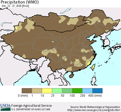 China, Mongolia and Taiwan Precipitation (WMO) Thematic Map For 12/21/2020 - 12/27/2020