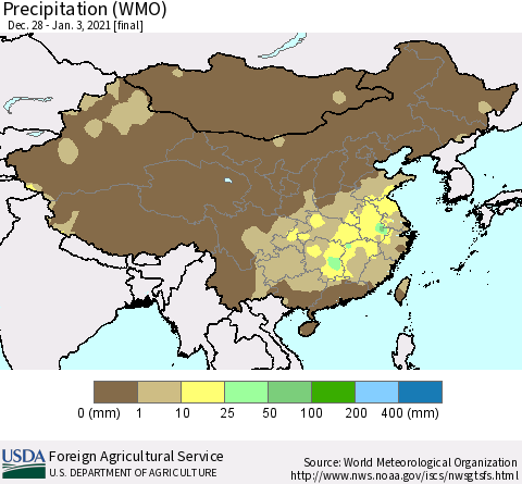 China and Taiwan Precipitation (WMO) Thematic Map For 12/28/2020 - 1/3/2021