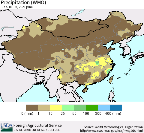 China and Taiwan Precipitation (WMO) Thematic Map For 1/18/2021 - 1/24/2021