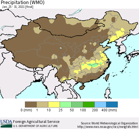 China and Taiwan Precipitation (WMO) Thematic Map For 1/25/2021 - 1/31/2021