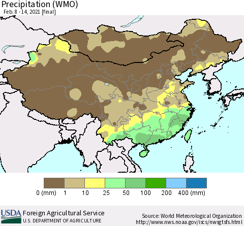 China, Mongolia and Taiwan Precipitation (WMO) Thematic Map For 2/8/2021 - 2/14/2021