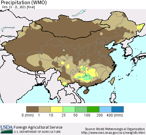 China and Taiwan Precipitation (WMO) Thematic Map For 2/15/2021 - 2/21/2021