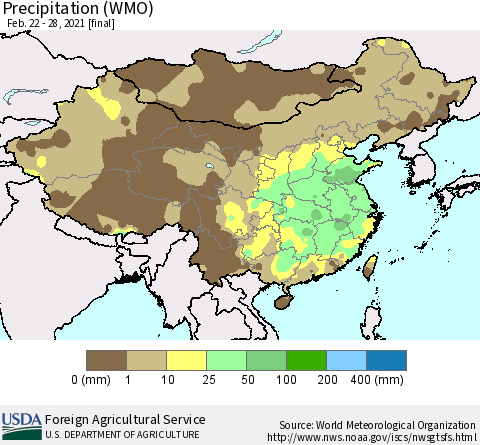 China, Mongolia and Taiwan Precipitation (WMO) Thematic Map For 2/22/2021 - 2/28/2021