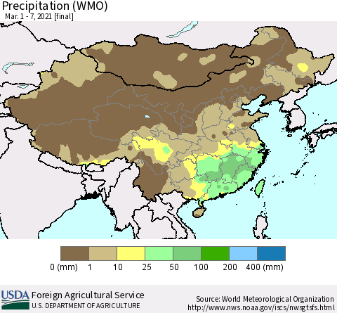 China, Mongolia and Taiwan Precipitation (WMO) Thematic Map For 3/1/2021 - 3/7/2021