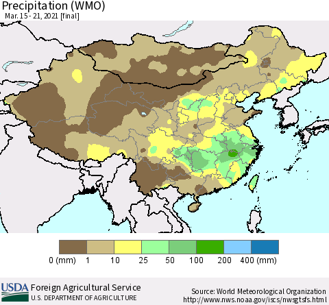 China and Taiwan Precipitation (WMO) Thematic Map For 3/15/2021 - 3/21/2021