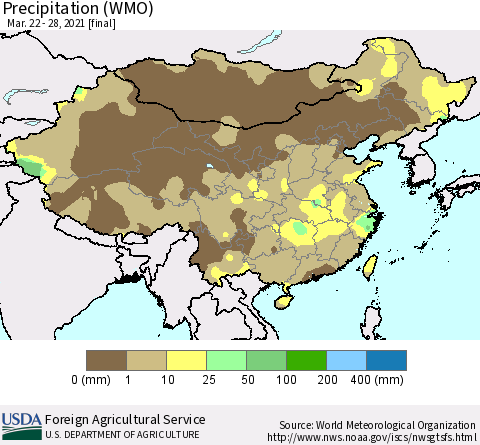 China and Taiwan Precipitation (WMO) Thematic Map For 3/22/2021 - 3/28/2021