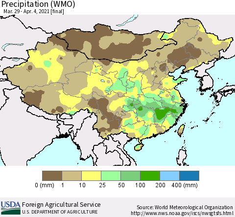 China and Taiwan Precipitation (WMO) Thematic Map For 3/29/2021 - 4/4/2021