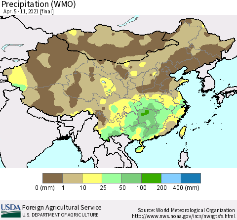 China, Mongolia and Taiwan Precipitation (WMO) Thematic Map For 4/5/2021 - 4/11/2021