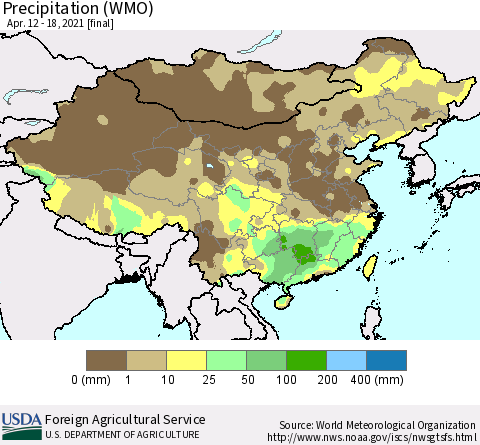 China and Taiwan Precipitation (WMO) Thematic Map For 4/12/2021 - 4/18/2021