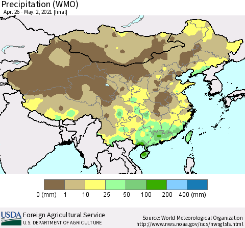 China and Taiwan Precipitation (WMO) Thematic Map For 4/26/2021 - 5/2/2021