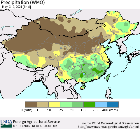 China and Taiwan Precipitation (WMO) Thematic Map For 5/3/2021 - 5/9/2021