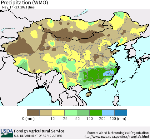 China and Taiwan Precipitation (WMO) Thematic Map For 5/17/2021 - 5/23/2021