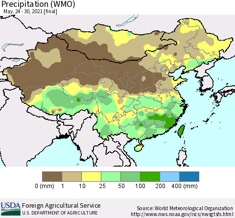 China and Taiwan Precipitation (WMO) Thematic Map For 5/24/2021 - 5/30/2021