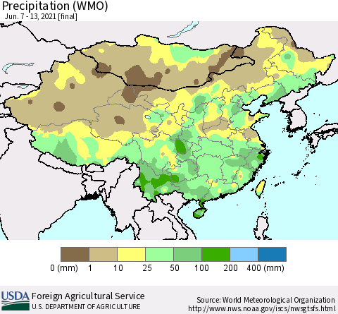 China and Taiwan Precipitation (WMO) Thematic Map For 6/7/2021 - 6/13/2021
