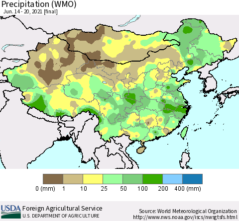 China and Taiwan Precipitation (WMO) Thematic Map For 6/14/2021 - 6/20/2021
