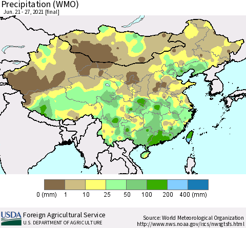 China and Taiwan Precipitation (WMO) Thematic Map For 6/21/2021 - 6/27/2021