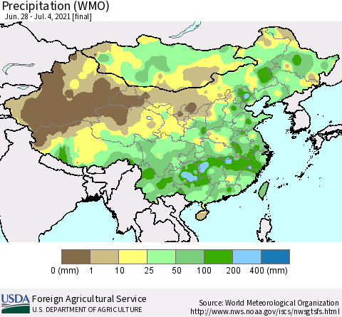China and Taiwan Precipitation (WMO) Thematic Map For 6/28/2021 - 7/4/2021