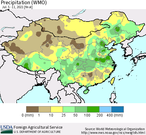 China, Mongolia and Taiwan Precipitation (WMO) Thematic Map For 7/5/2021 - 7/11/2021