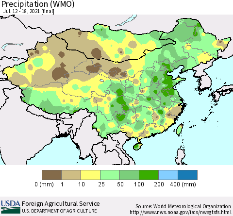 China, Mongolia and Taiwan Precipitation (WMO) Thematic Map For 7/12/2021 - 7/18/2021