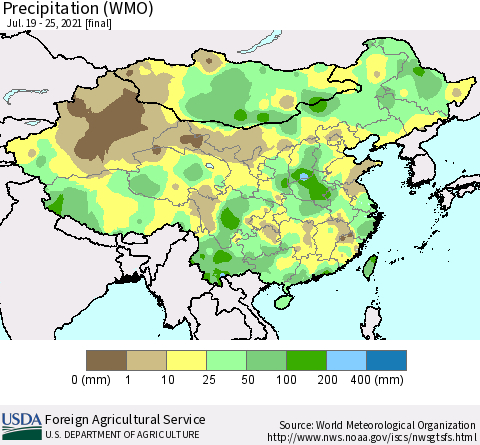 China, Mongolia and Taiwan Precipitation (WMO) Thematic Map For 7/19/2021 - 7/25/2021
