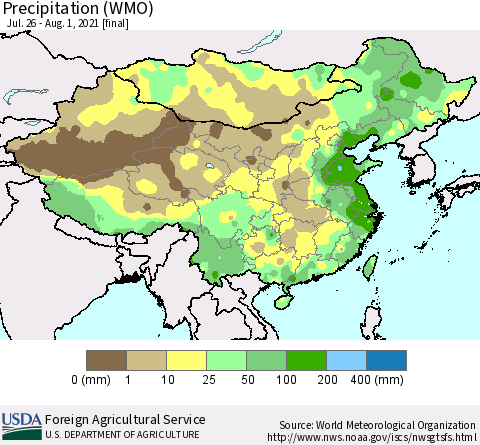 China, Mongolia and Taiwan Precipitation (WMO) Thematic Map For 7/26/2021 - 8/1/2021