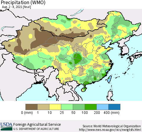 China, Mongolia and Taiwan Precipitation (WMO) Thematic Map For 8/2/2021 - 8/8/2021