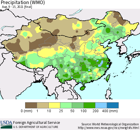 China, Mongolia and Taiwan Precipitation (WMO) Thematic Map For 8/9/2021 - 8/15/2021