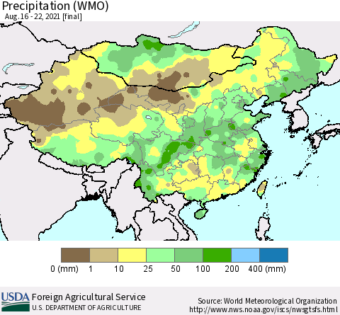 China, Mongolia and Taiwan Precipitation (WMO) Thematic Map For 8/16/2021 - 8/22/2021