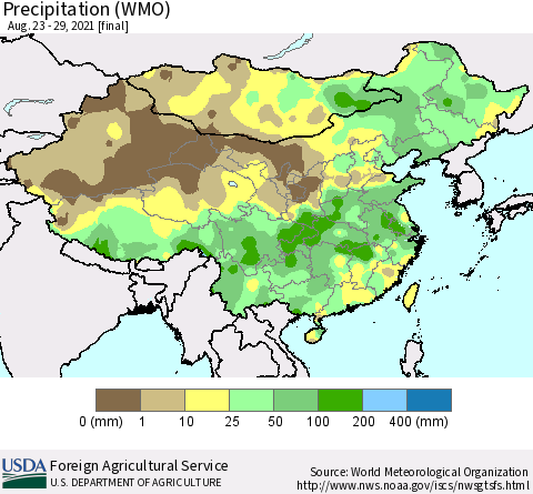 China, Mongolia and Taiwan Precipitation (WMO) Thematic Map For 8/23/2021 - 8/29/2021