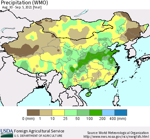 China, Mongolia and Taiwan Precipitation (WMO) Thematic Map For 8/30/2021 - 9/5/2021