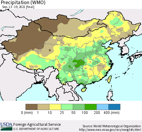China, Mongolia and Taiwan Precipitation (WMO) Thematic Map For 9/13/2021 - 9/19/2021