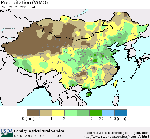China, Mongolia and Taiwan Precipitation (WMO) Thematic Map For 9/20/2021 - 9/26/2021