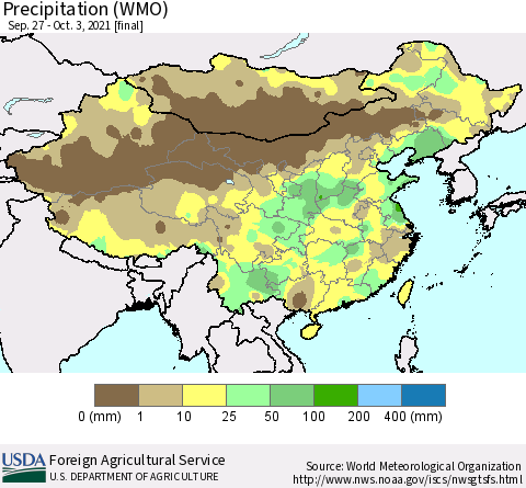China and Taiwan Precipitation (WMO) Thematic Map For 9/27/2021 - 10/3/2021