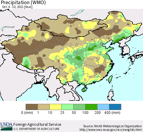 China and Taiwan Precipitation (WMO) Thematic Map For 10/4/2021 - 10/10/2021