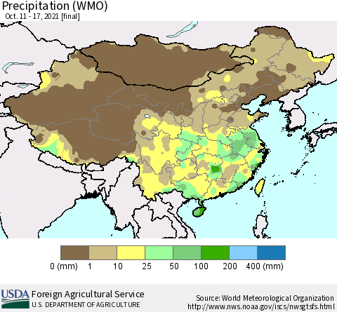 China and Taiwan Precipitation (WMO) Thematic Map For 10/11/2021 - 10/17/2021