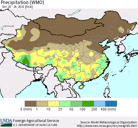 China and Taiwan Precipitation (WMO) Thematic Map For 10/18/2021 - 10/24/2021