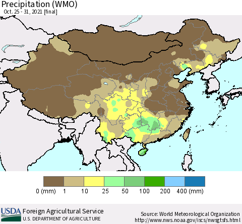 China and Taiwan Precipitation (WMO) Thematic Map For 10/25/2021 - 10/31/2021
