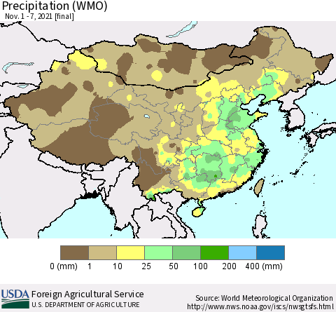 China and Taiwan Precipitation (WMO) Thematic Map For 11/1/2021 - 11/7/2021