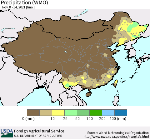 China and Taiwan Precipitation (WMO) Thematic Map For 11/8/2021 - 11/14/2021