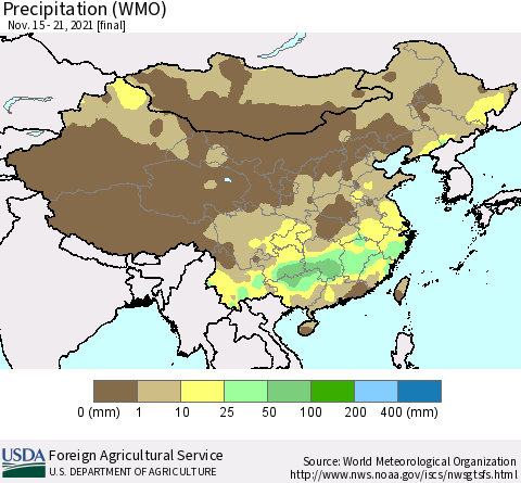 China and Taiwan Precipitation (WMO) Thematic Map For 11/15/2021 - 11/21/2021