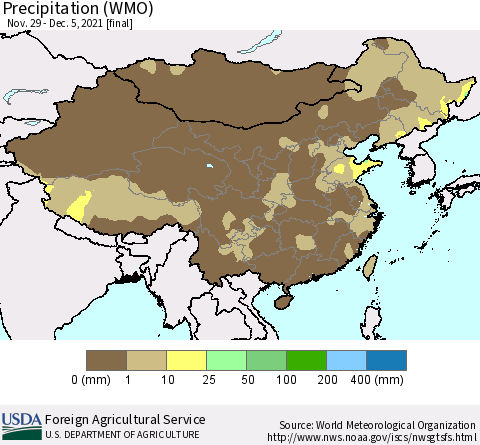 China and Taiwan Precipitation (WMO) Thematic Map For 11/29/2021 - 12/5/2021