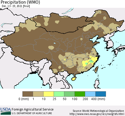 China, Mongolia and Taiwan Precipitation (WMO) Thematic Map For 12/13/2021 - 12/19/2021