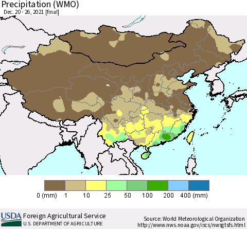 China, Mongolia and Taiwan Precipitation (WMO) Thematic Map For 12/20/2021 - 12/26/2021