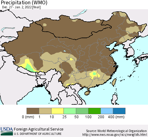 China, Mongolia and Taiwan Precipitation (WMO) Thematic Map For 12/27/2021 - 1/2/2022