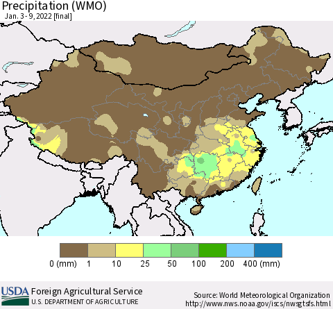 China, Mongolia and Taiwan Precipitation (WMO) Thematic Map For 1/3/2022 - 1/9/2022