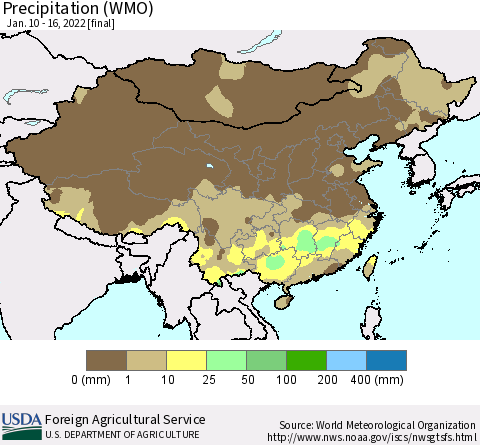 China, Mongolia and Taiwan Precipitation (WMO) Thematic Map For 1/10/2022 - 1/16/2022