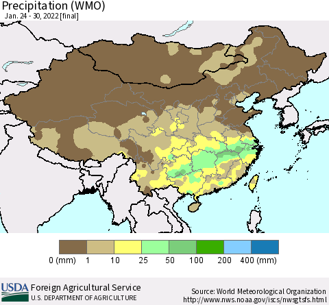 China and Taiwan Precipitation (WMO) Thematic Map For 1/24/2022 - 1/30/2022