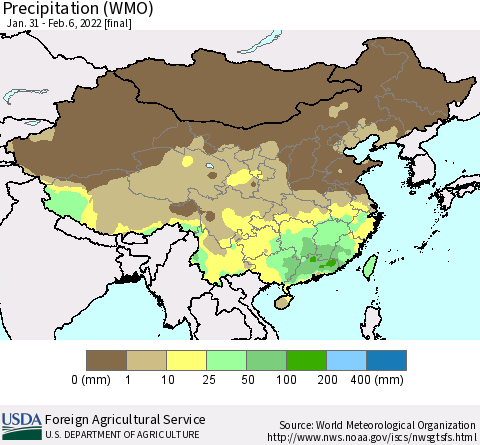 China and Taiwan Precipitation (WMO) Thematic Map For 1/31/2022 - 2/6/2022