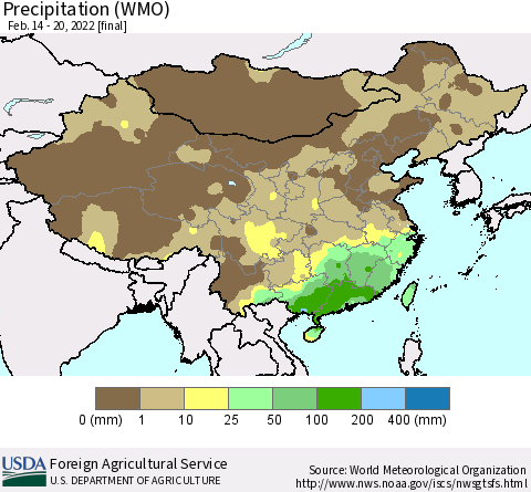 China and Taiwan Precipitation (WMO) Thematic Map For 2/14/2022 - 2/20/2022