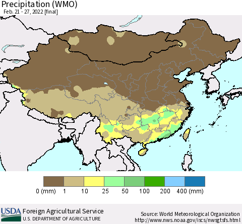 China, Mongolia and Taiwan Precipitation (WMO) Thematic Map For 2/21/2022 - 2/27/2022